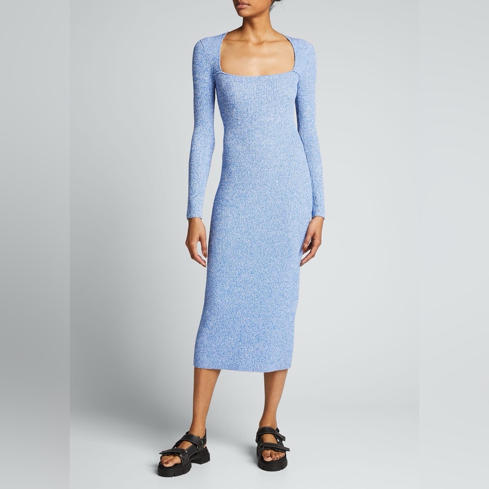 Ganni Melange Square-Neck Ribbed Knit Midi Dress, Medium